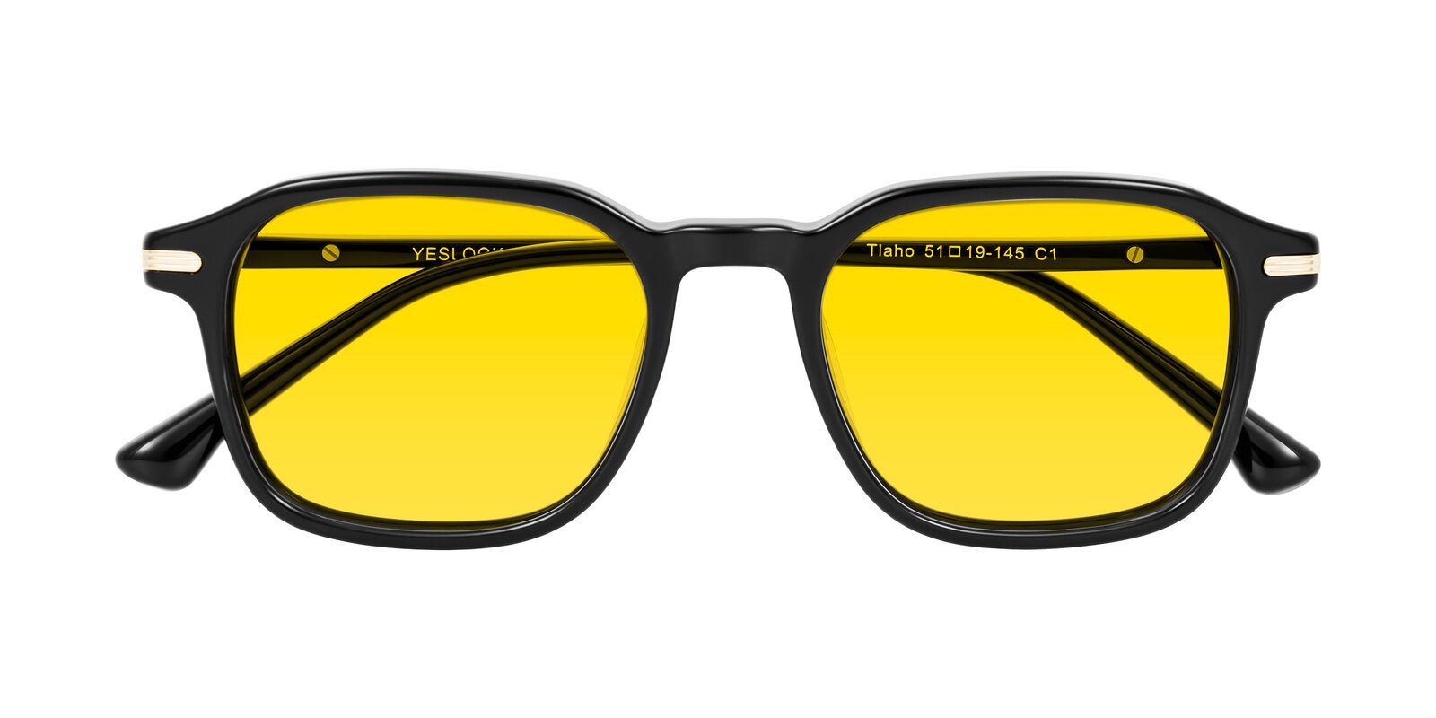 Black Spring Hinges Acetate Square Tinted Sunglasses with Yellow ...