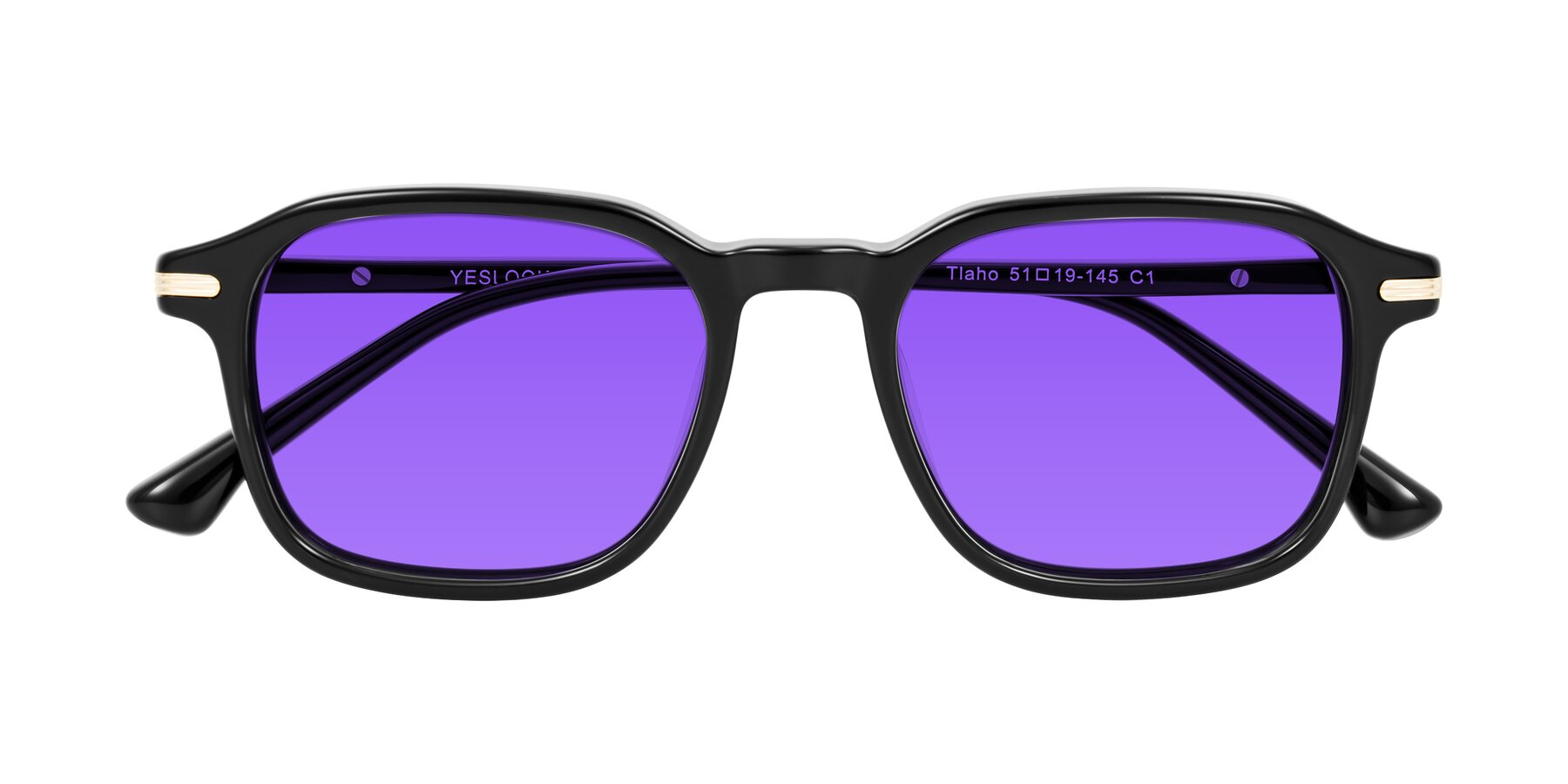 Folded Front of Tlaho in Black with Purple Tinted Lenses