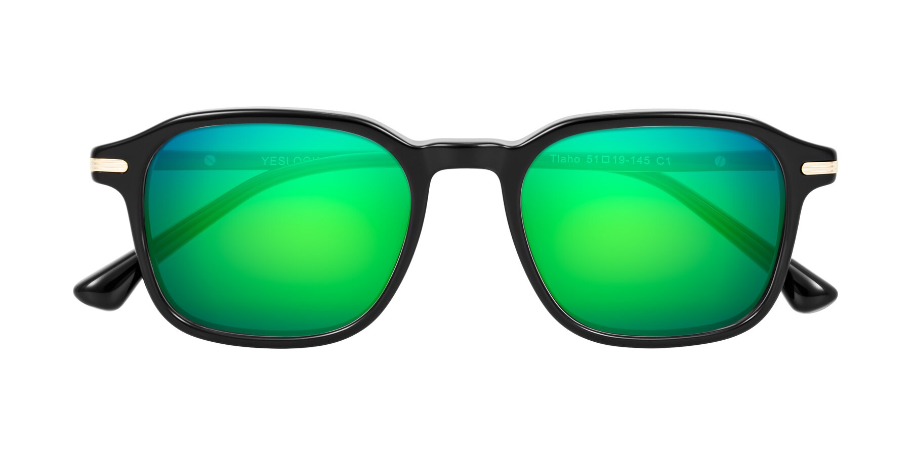 Folded Front of Tlaho in Black with Green Mirrored Lenses