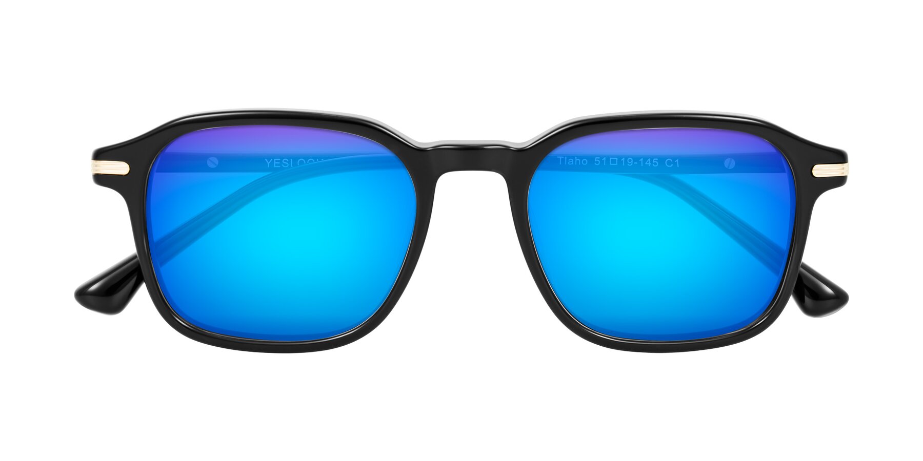 Folded Front of Tlaho in Black with Blue Mirrored Lenses