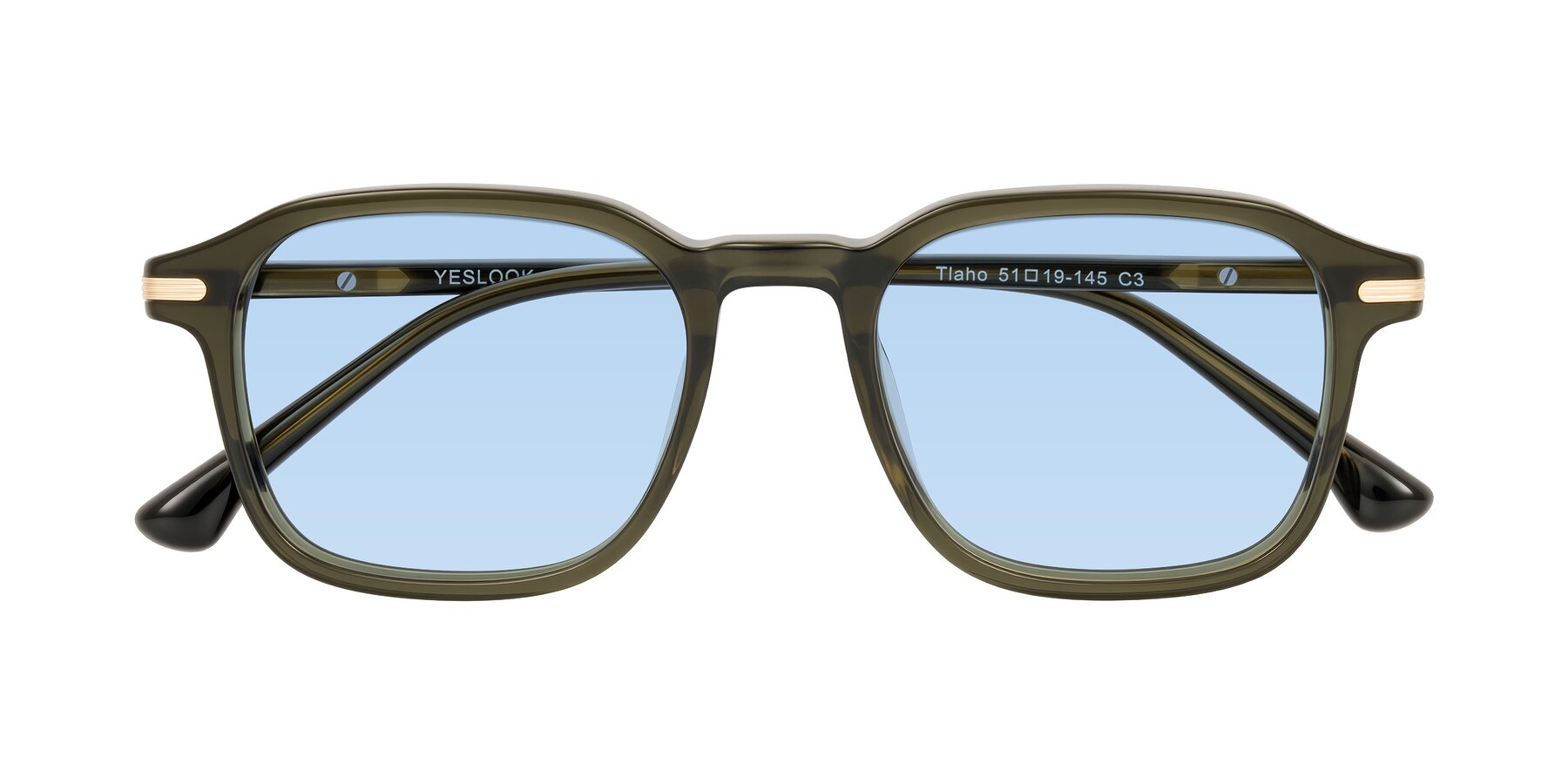 Folded Front of Tlaho in Dark Green with Light Blue Tinted Lenses