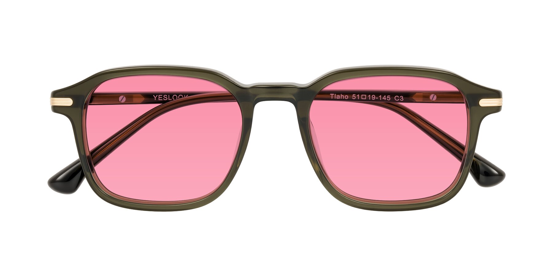 Folded Front of Tlaho in Dark Green with Pink Tinted Lenses