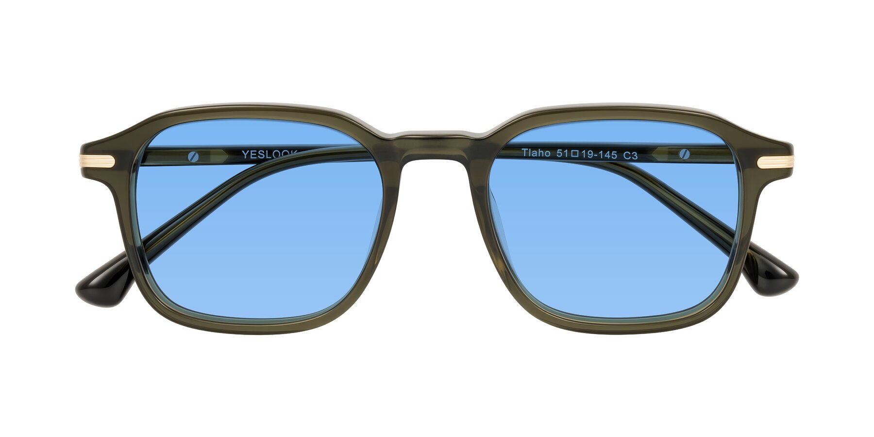 Folded Front of Tlaho in Dark Green with Medium Blue Tinted Lenses