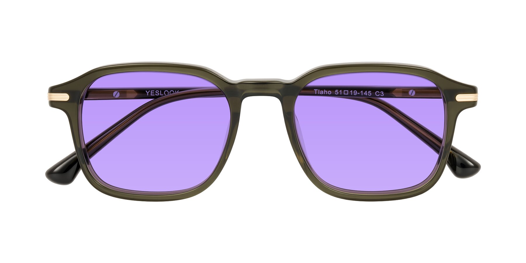 Folded Front of Tlaho in Dark Green with Medium Purple Tinted Lenses