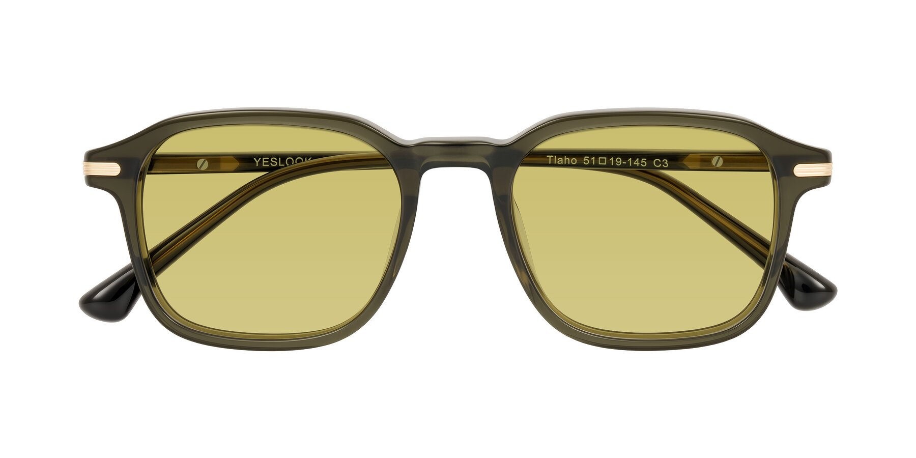 Folded Front of Tlaho in Dark Green with Medium Champagne Tinted Lenses