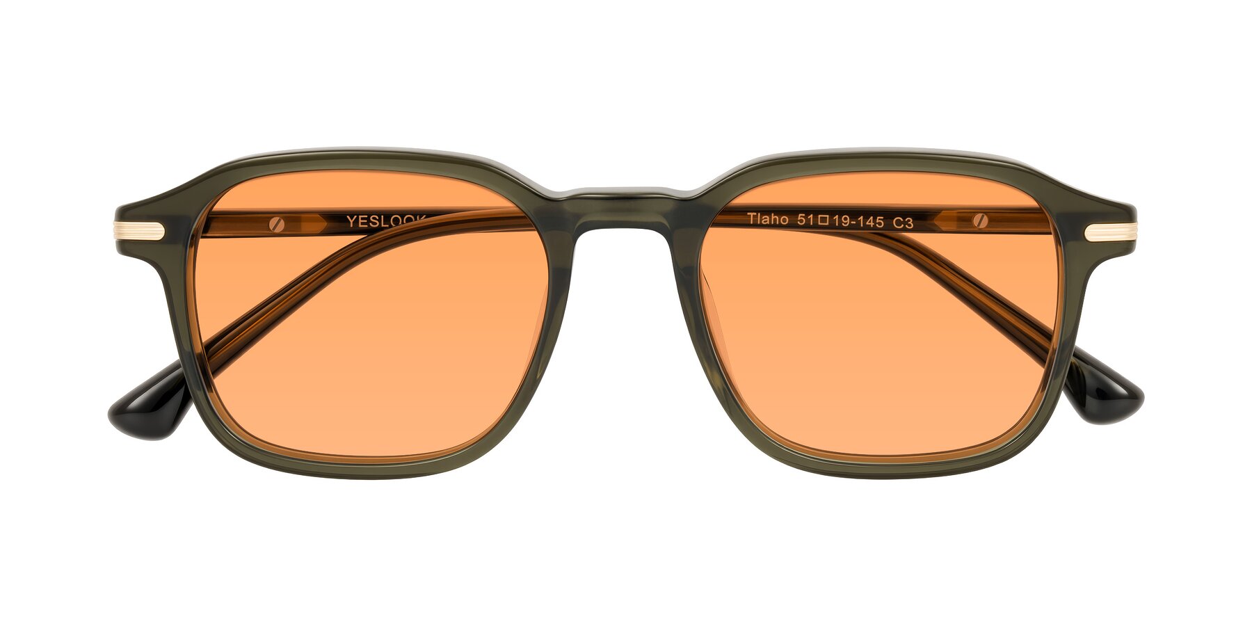 Folded Front of Tlaho in Dark Green with Medium Orange Tinted Lenses