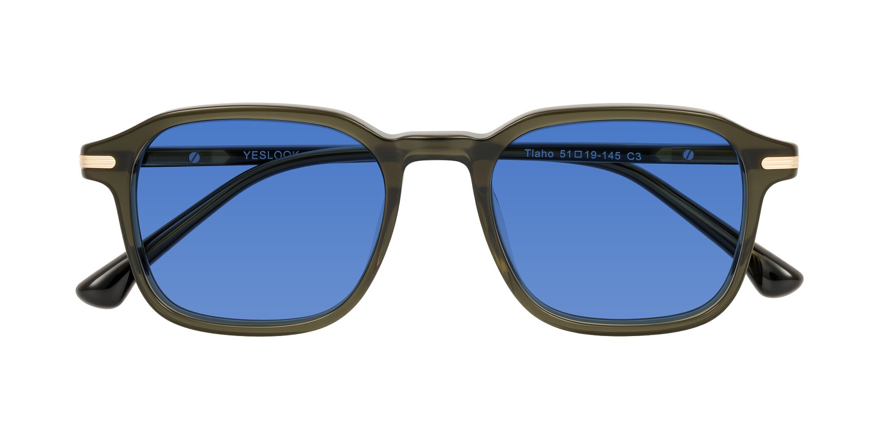 Folded Front of Tlaho in Dark Green with Blue Tinted Lenses