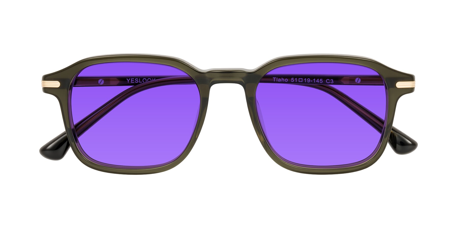 Folded Front of Tlaho in Dark Green with Purple Tinted Lenses