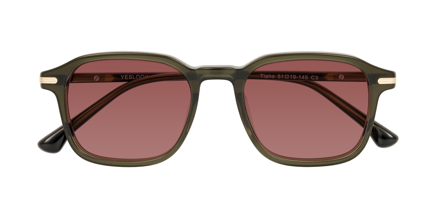 Folded Front of Tlaho in Dark Green with Garnet Tinted Lenses
