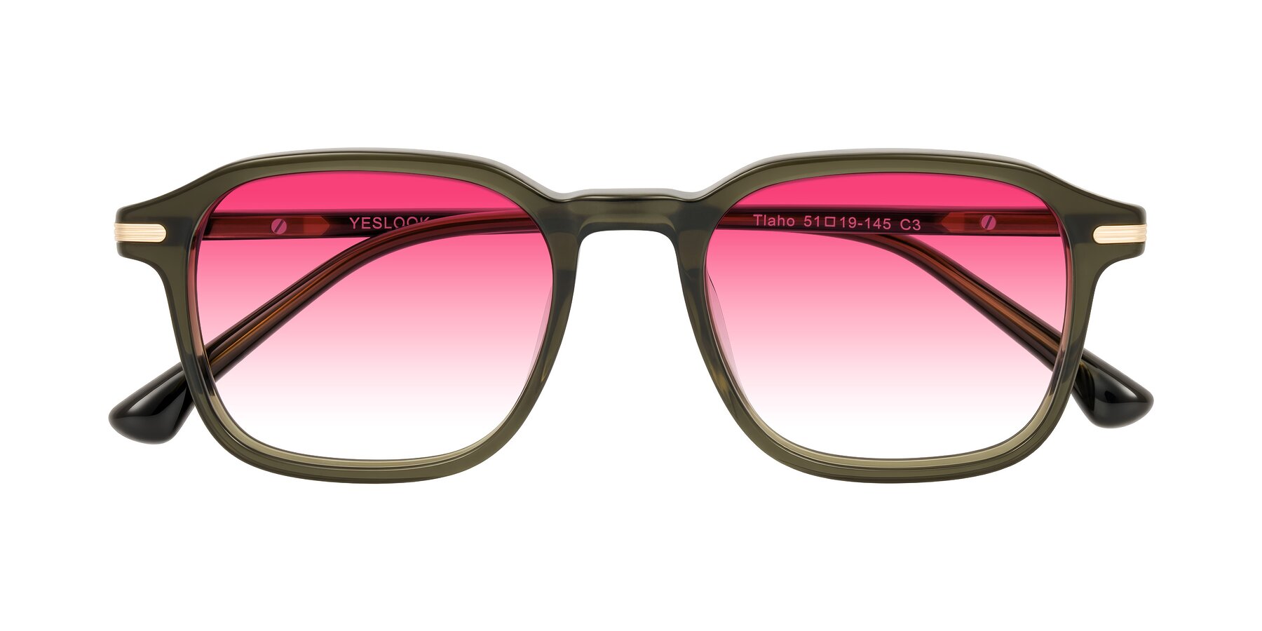 Folded Front of Tlaho in Dark Green with Pink Gradient Lenses