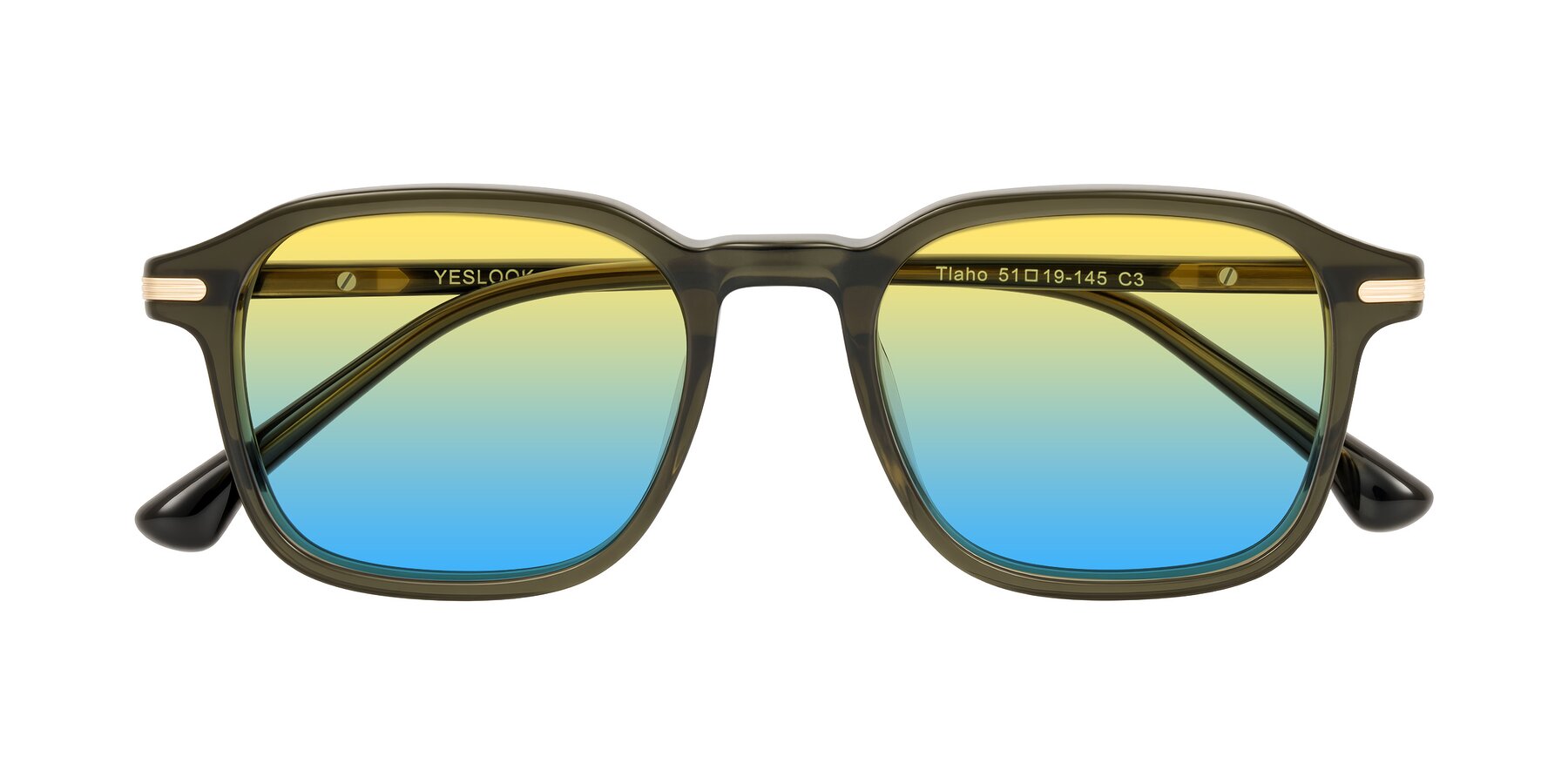 Folded Front of Tlaho in Dark Green with Yellow / Blue Gradient Lenses