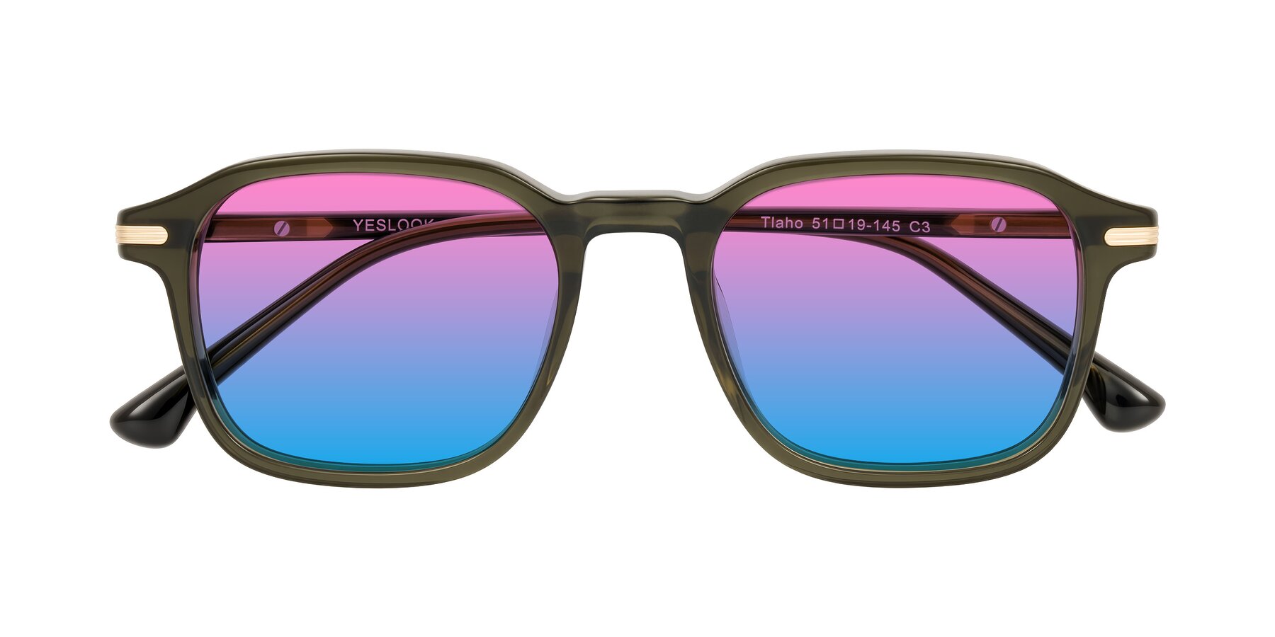 Folded Front of Tlaho in Dark Green with Pink / Blue Gradient Lenses
