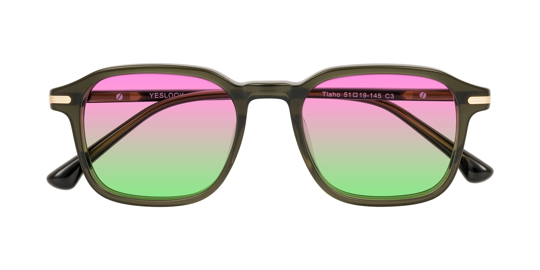Folded Front of Tlaho in Dark Green with Pink / Green Gradient Lenses