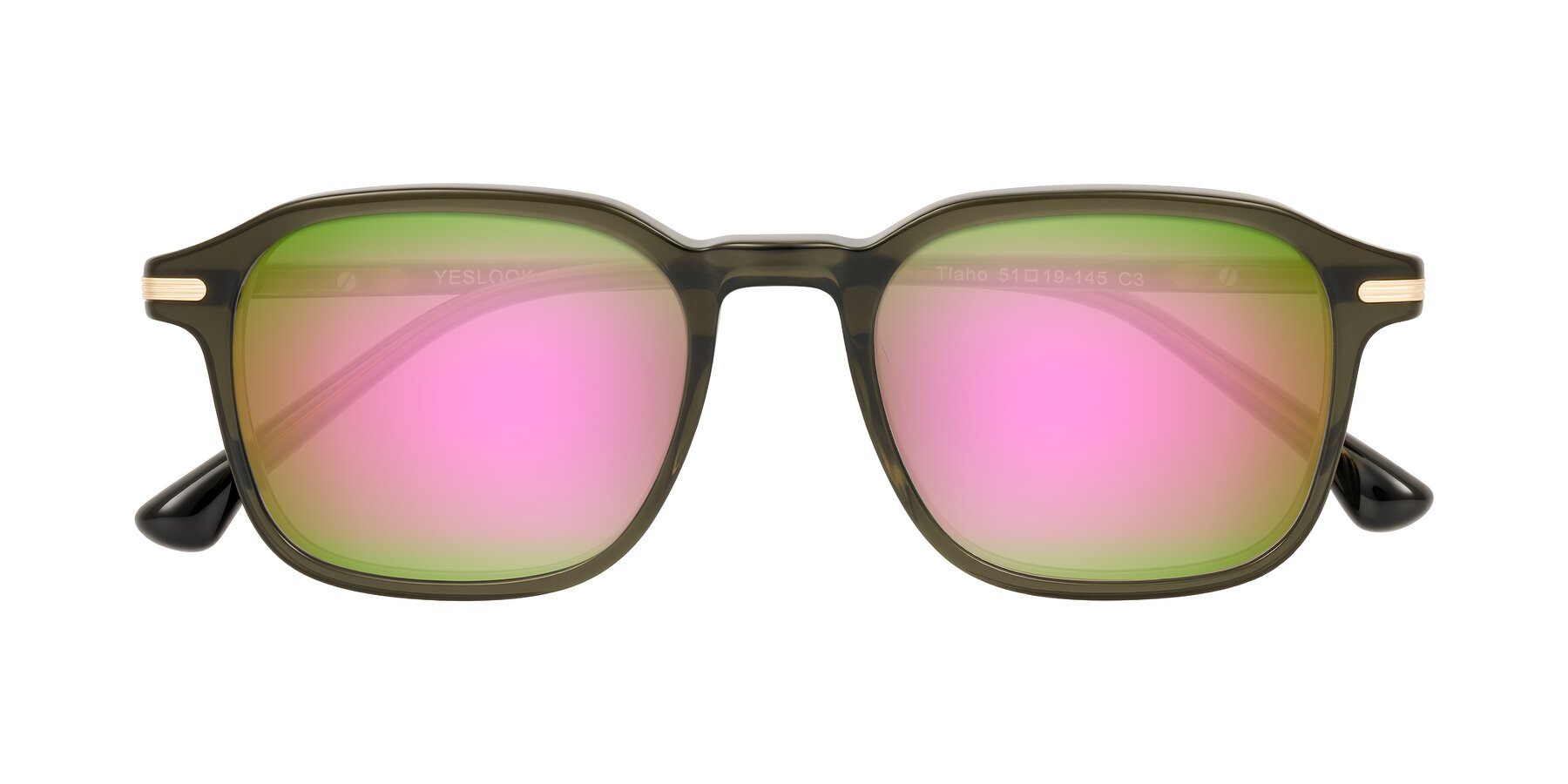 Folded Front of Tlaho in Dark Green with Pink Mirrored Lenses