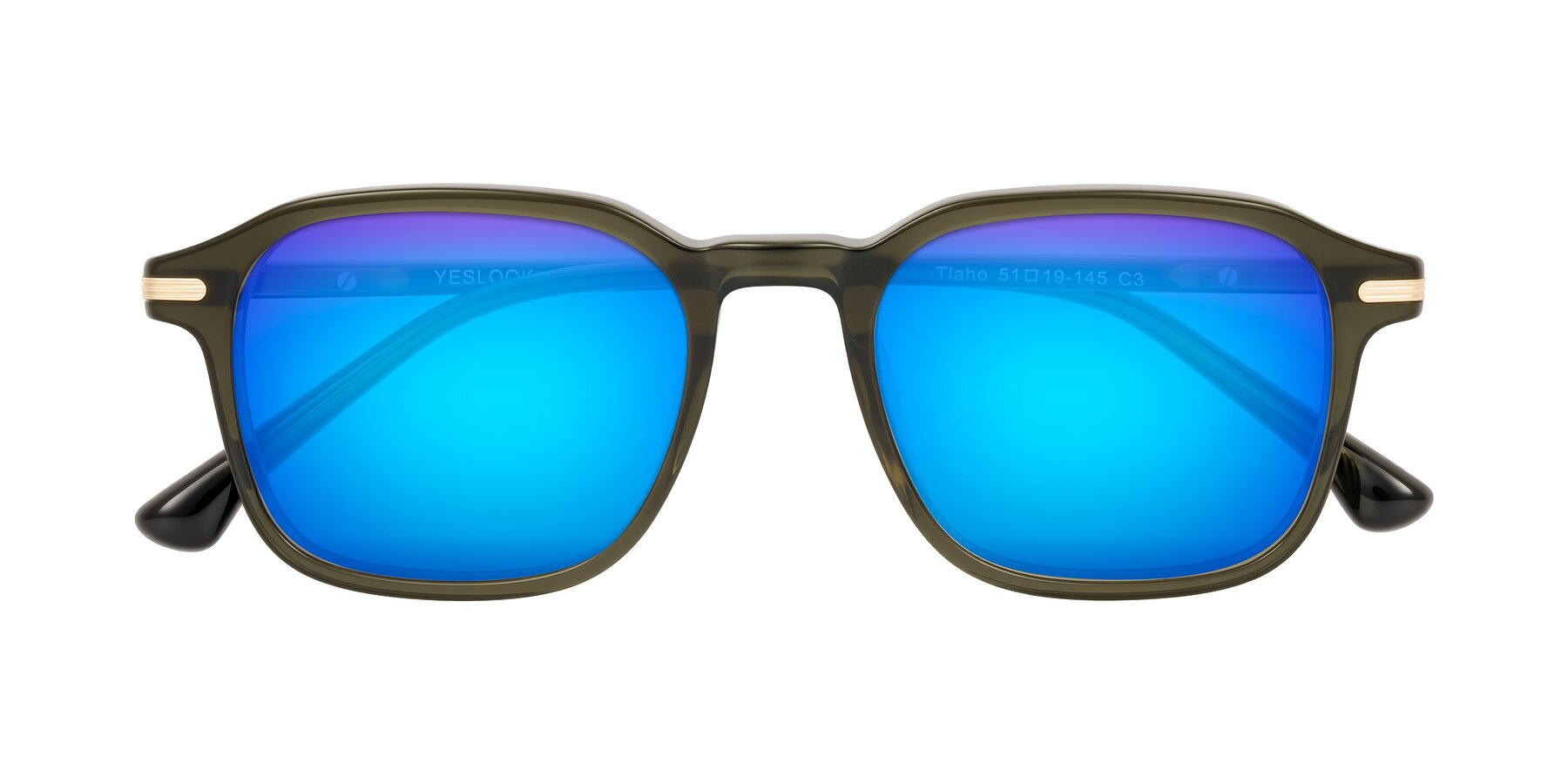 Folded Front of Tlaho in Dark Green with Blue Mirrored Lenses