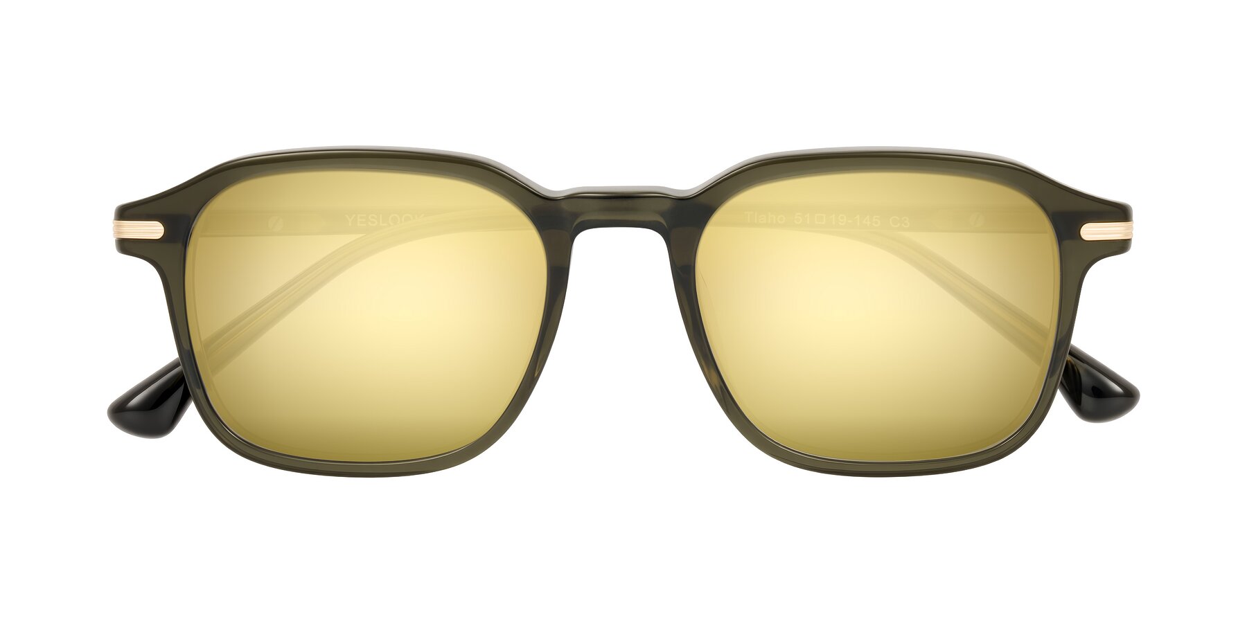 Folded Front of Tlaho in Dark Green with Gold Mirrored Lenses