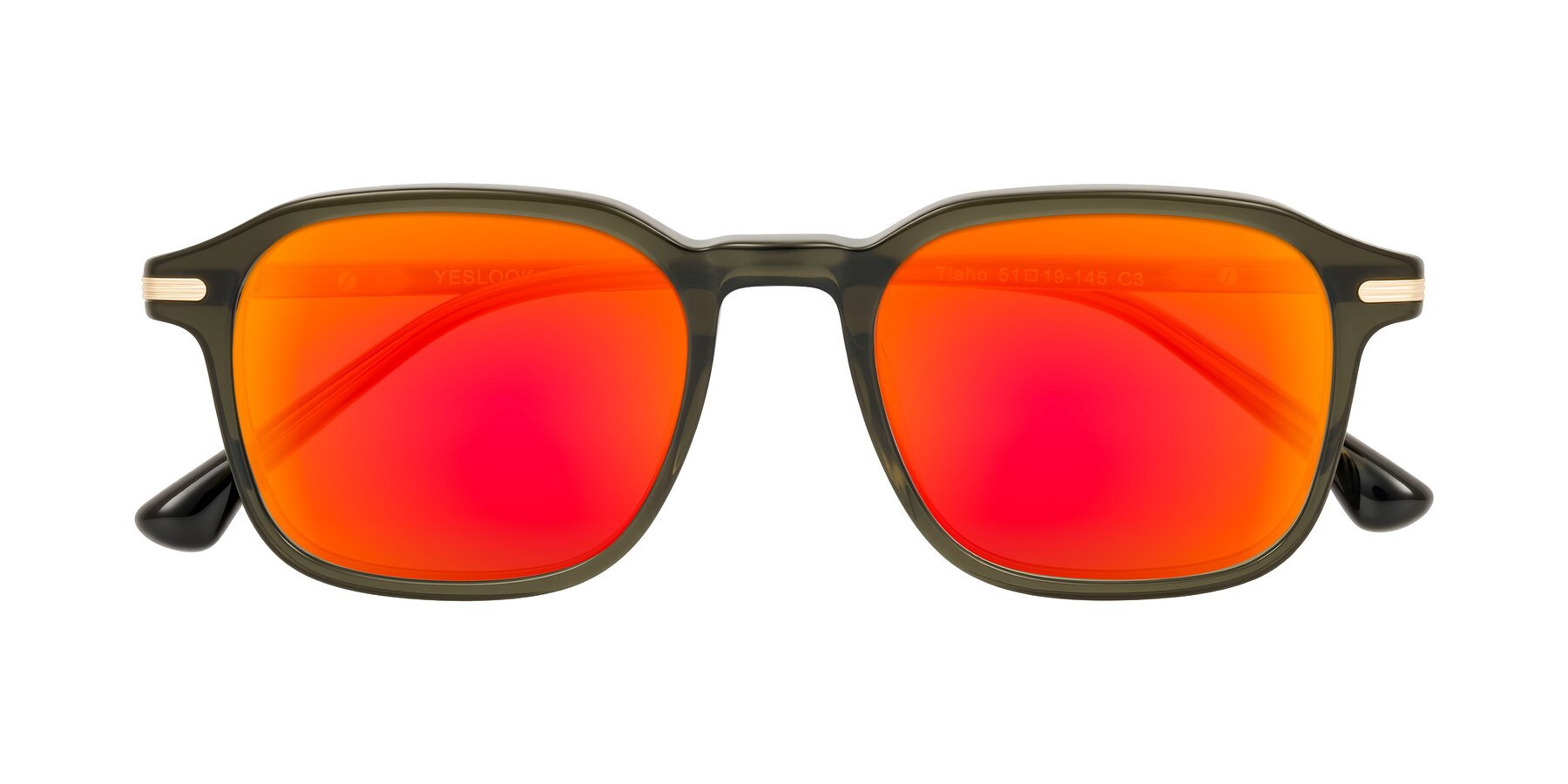 Folded Front of Tlaho in Dark Green with Red Gold Mirrored Lenses