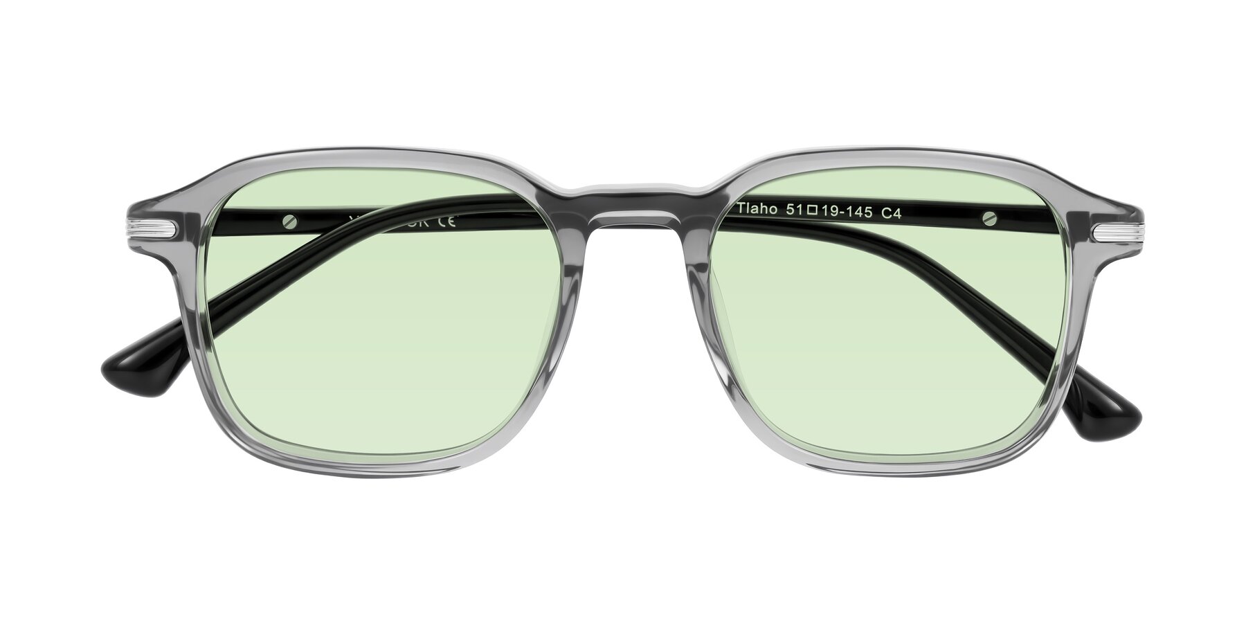 Folded Front of Tlaho in Gray with Light Green Tinted Lenses