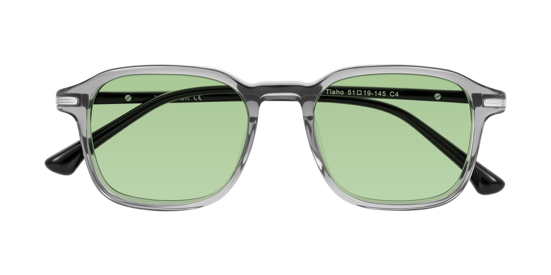 Folded Front of Tlaho in Gray with Medium Green Tinted Lenses