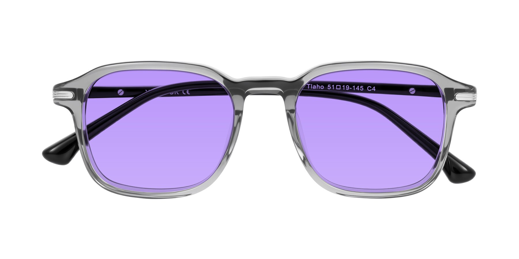 Folded Front of Tlaho in Gray with Medium Purple Tinted Lenses