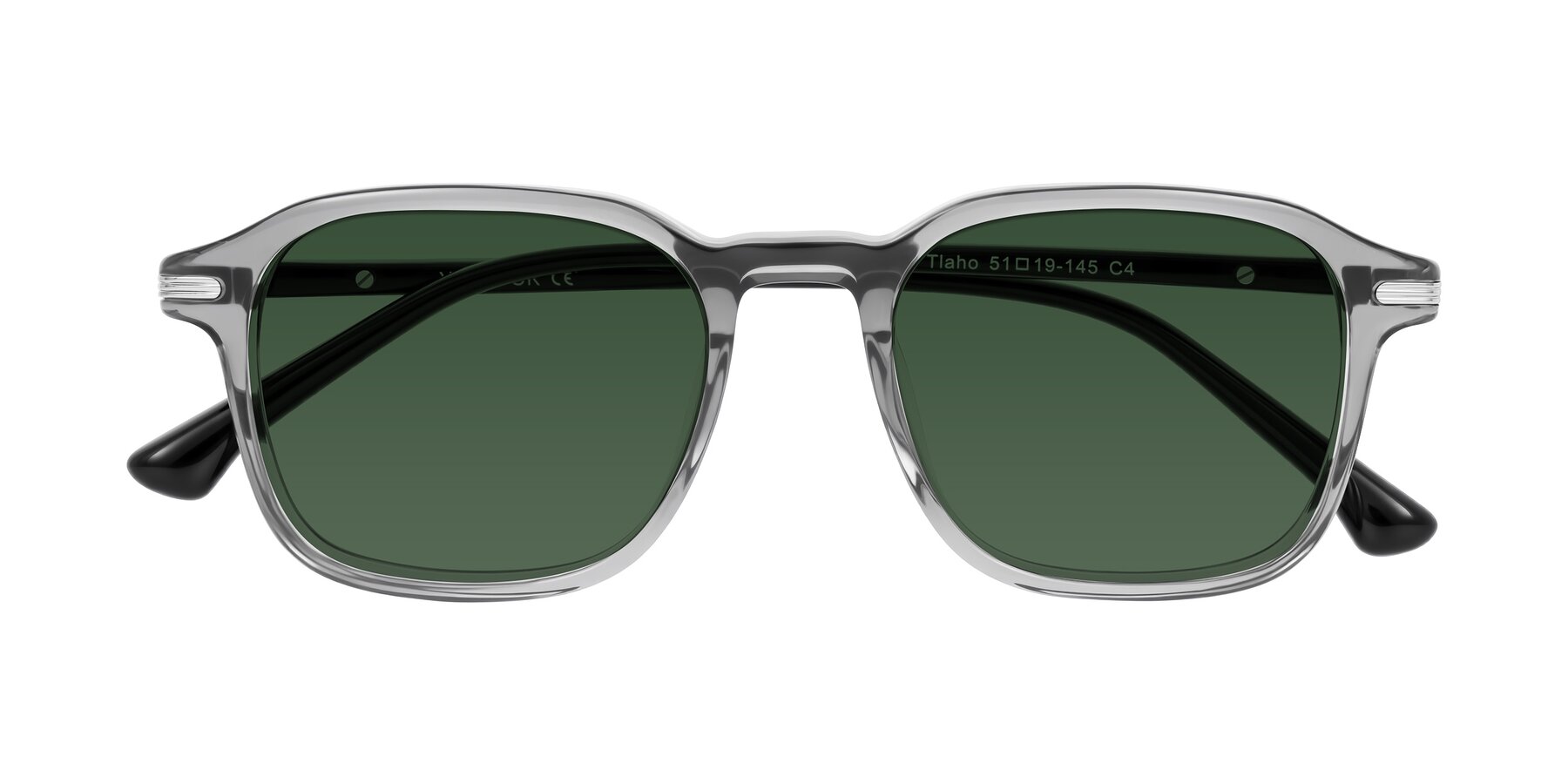 Folded Front of Tlaho in Gray with Green Tinted Lenses