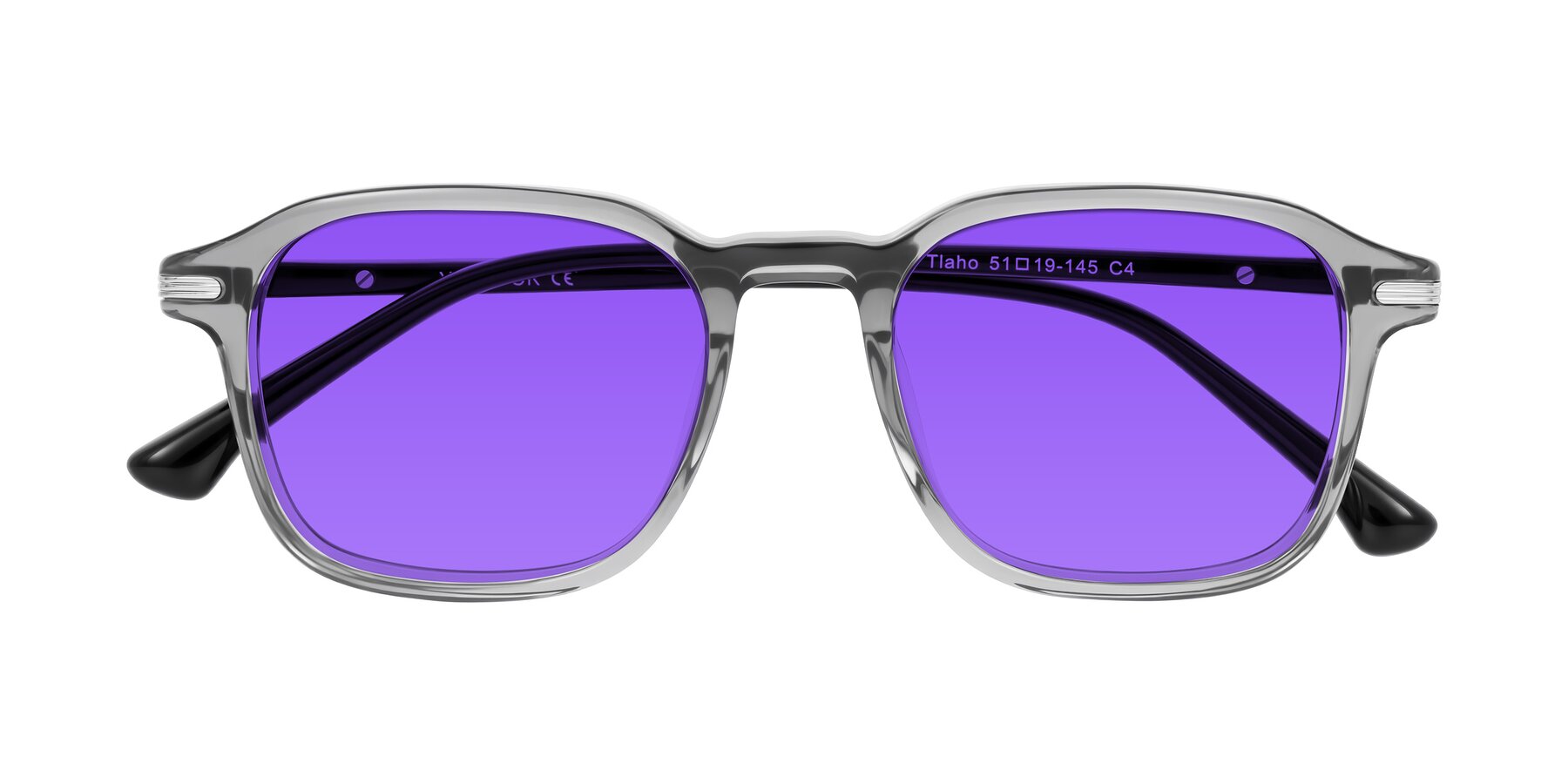 Folded Front of Tlaho in Gray with Purple Tinted Lenses