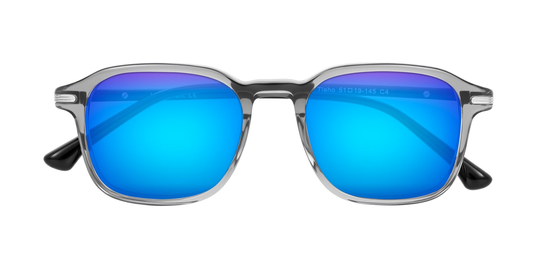 Folded Front of Tlaho in Gray with Blue Mirrored Lenses