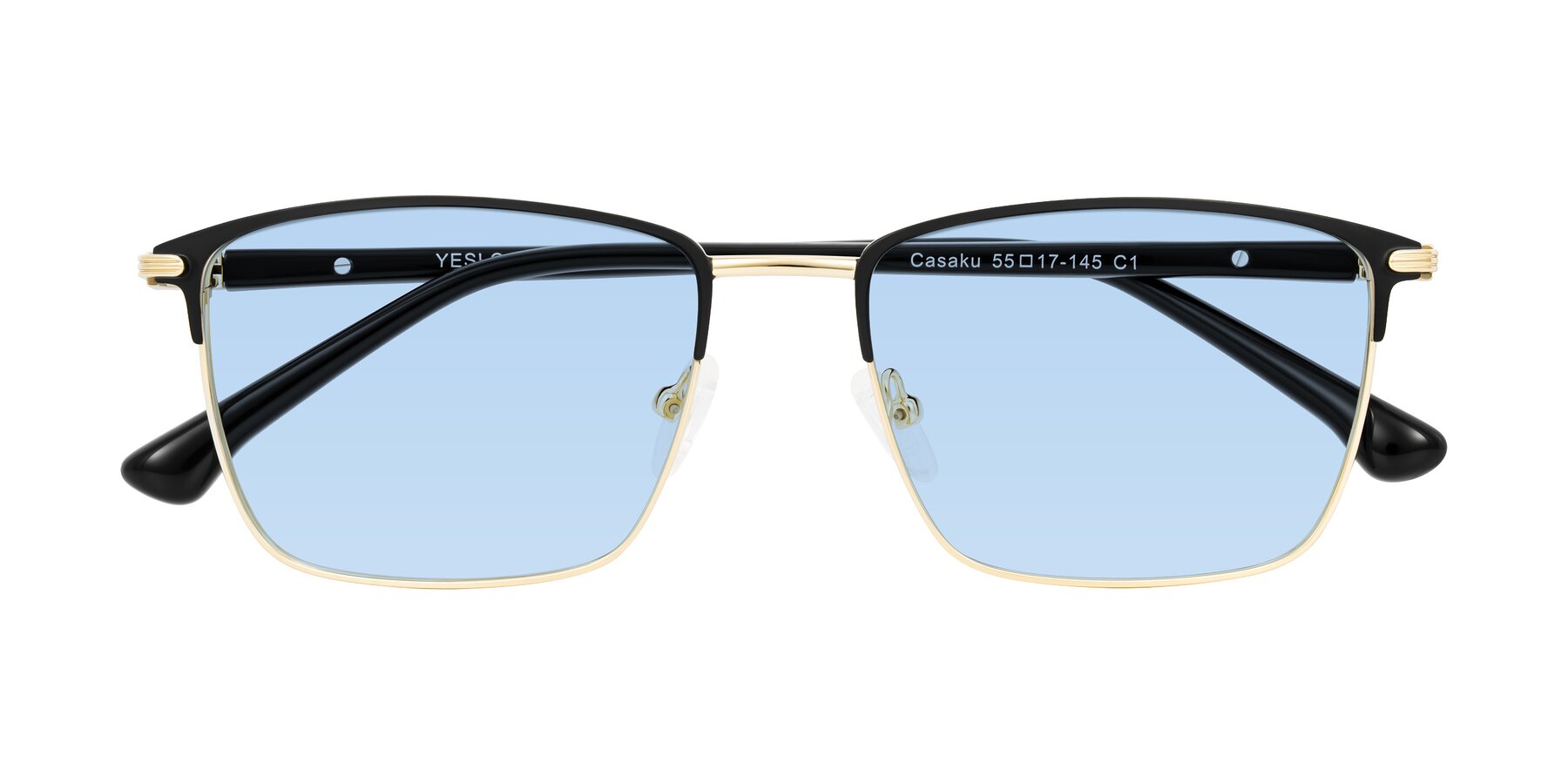 Folded Front of Casaku in Black/Gold with Light Blue Tinted Lenses