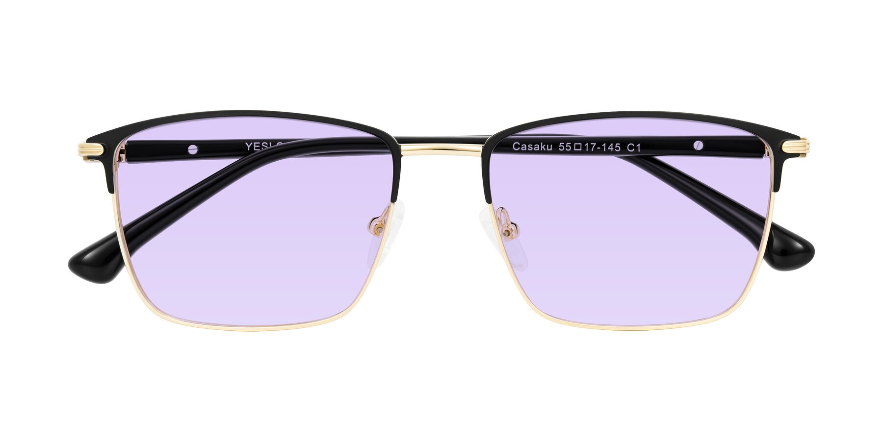 Folded Front of Casaku in Black/Gold with Light Purple Tinted Lenses