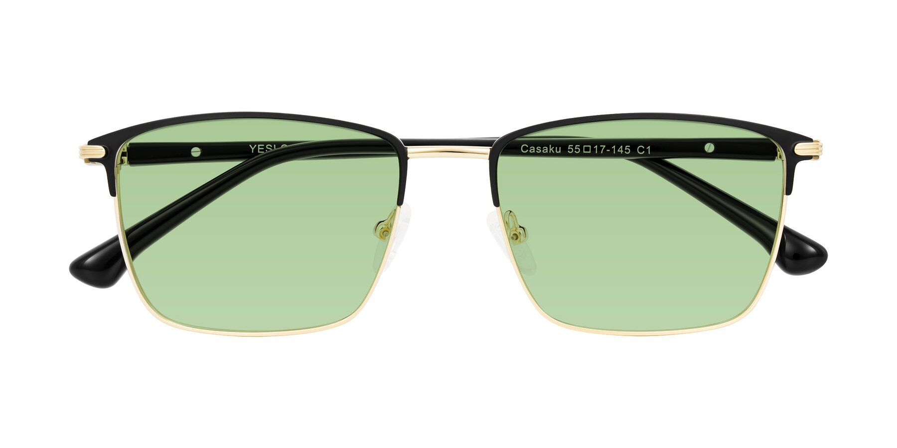 Folded Front of Casaku in Black/Gold with Medium Green Tinted Lenses