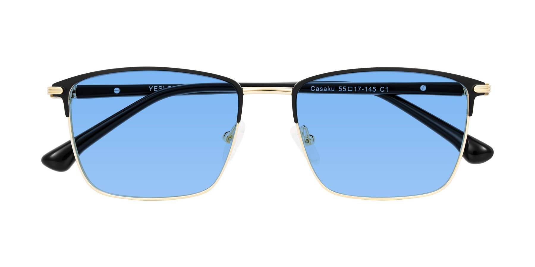 Folded Front of Casaku in Black/Gold with Medium Blue Tinted Lenses