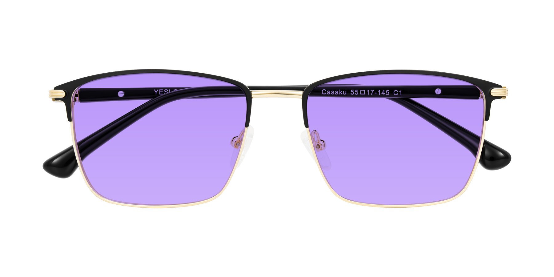 Folded Front of Casaku in Black/Gold with Medium Purple Tinted Lenses