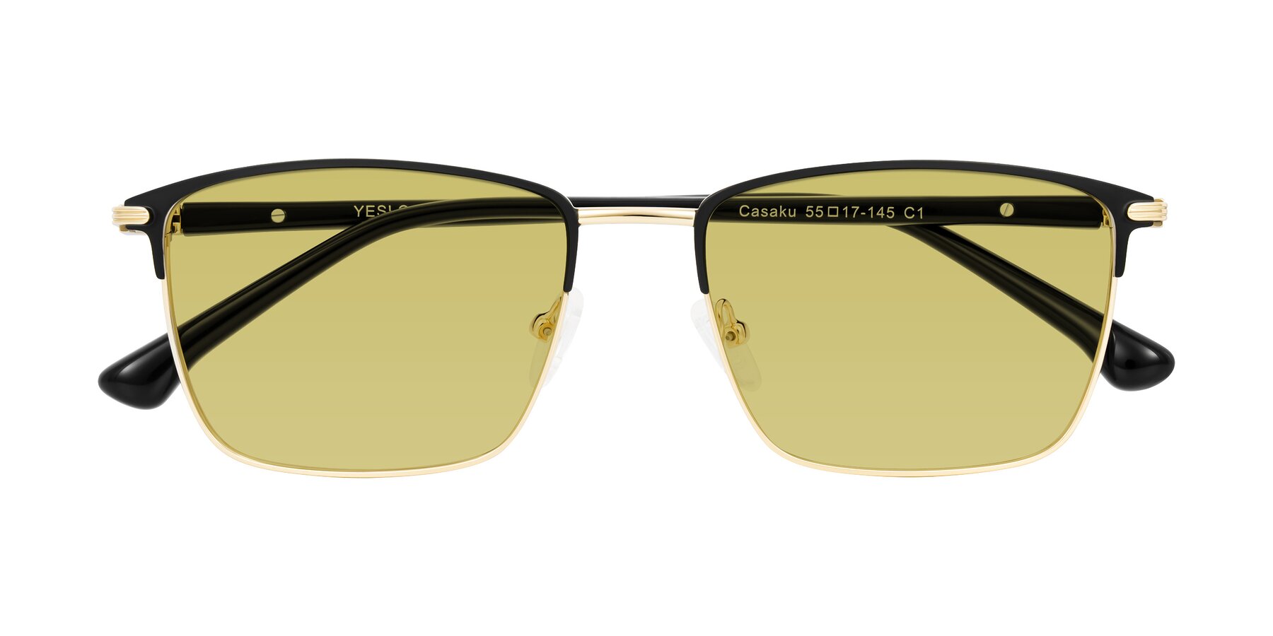 Folded Front of Casaku in Black/Gold with Medium Champagne Tinted Lenses