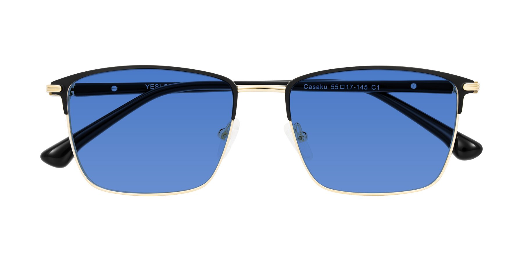 Folded Front of Casaku in Black/Gold with Blue Tinted Lenses