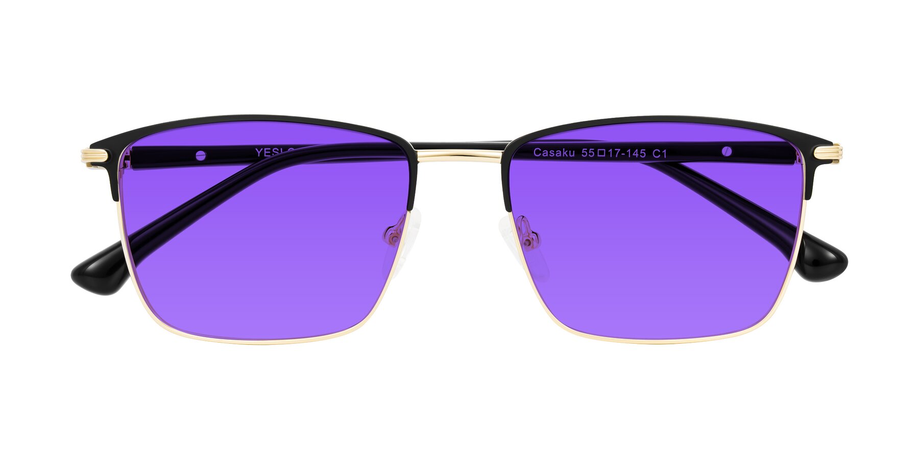 Folded Front of Casaku in Black/Gold with Purple Tinted Lenses