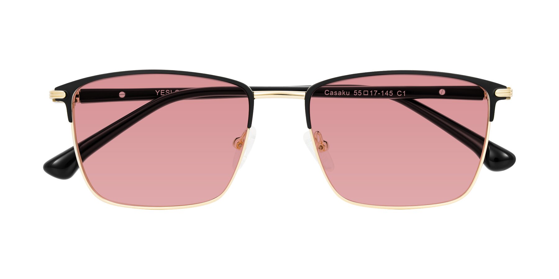 Folded Front of Casaku in Black/Gold with Medium Garnet Tinted Lenses
