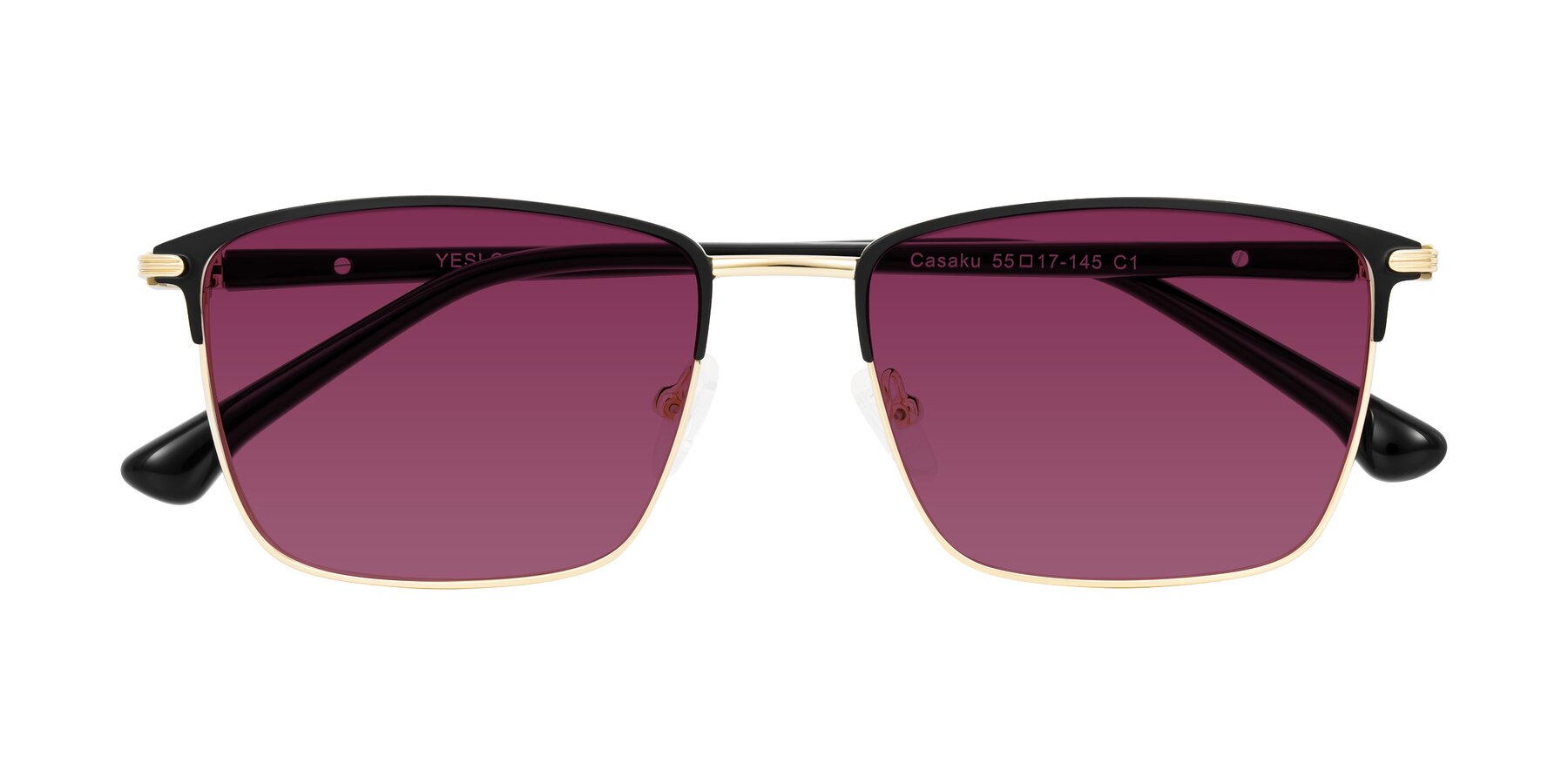 Folded Front of Casaku in Black/Gold with Wine Tinted Lenses