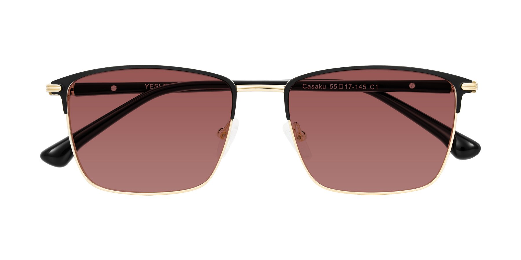 Folded Front of Casaku in Black/Gold with Garnet Tinted Lenses