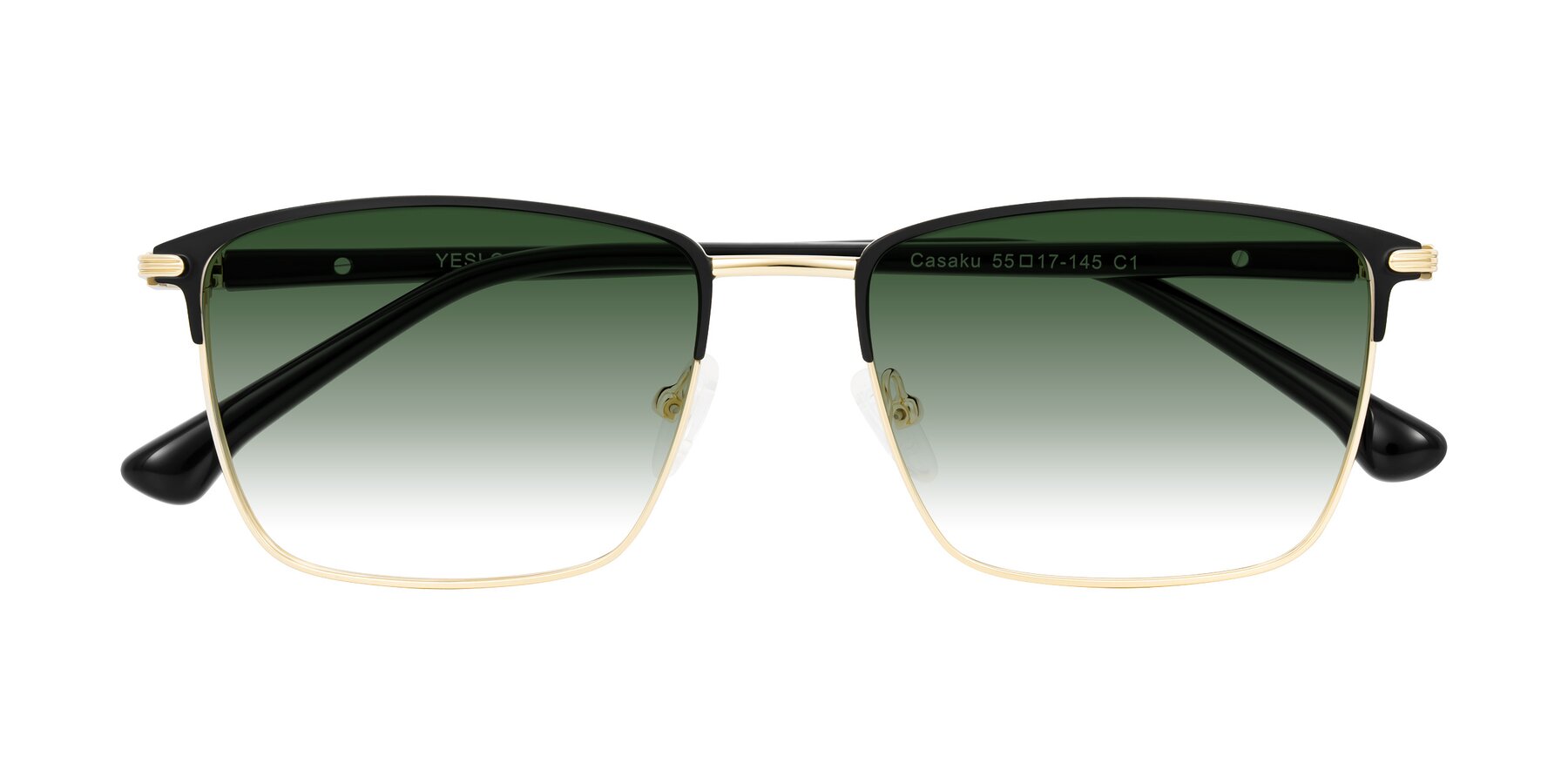 Folded Front of Casaku in Black/Gold with Green Gradient Lenses
