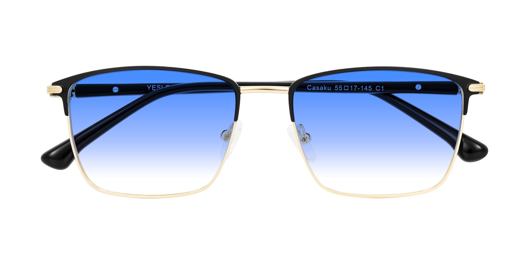 Folded Front of Casaku in Black/Gold with Blue Gradient Lenses