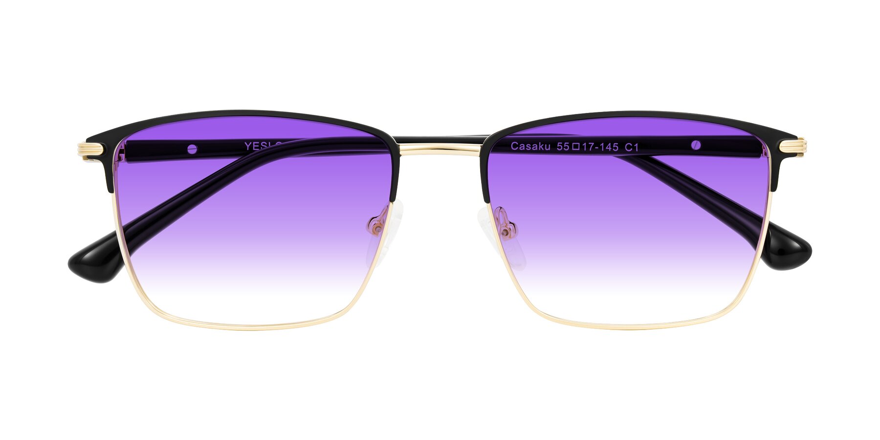Folded Front of Casaku in Black/Gold with Purple Gradient Lenses
