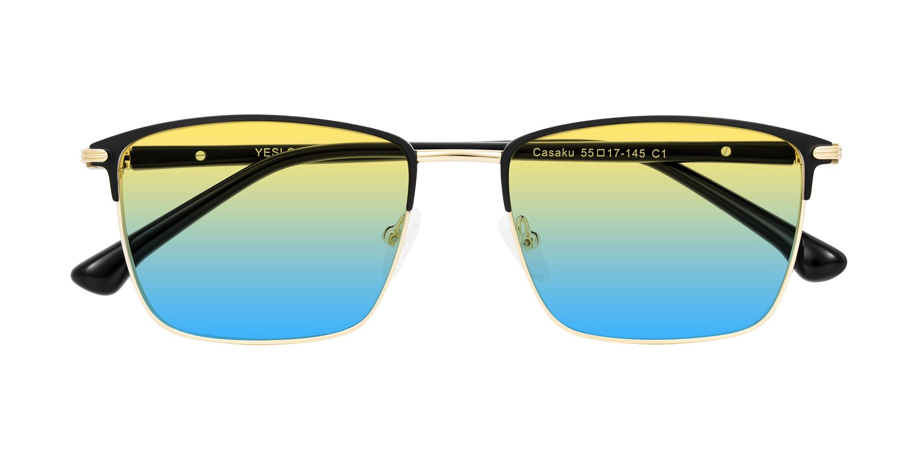 Folded Front of Casaku in Black/Gold with Yellow / Blue Gradient Lenses