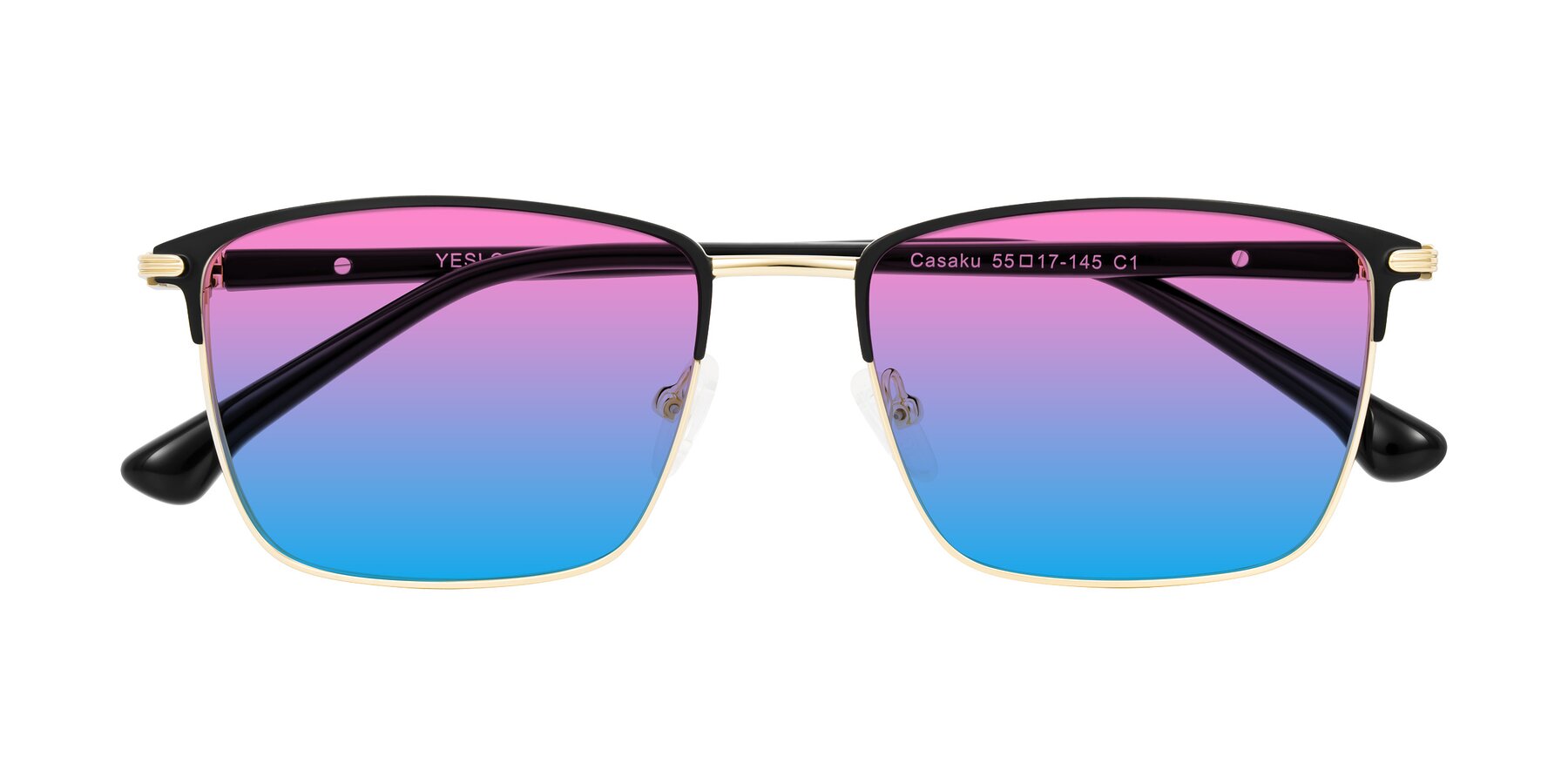 Folded Front of Casaku in Black/Gold with Pink / Blue Gradient Lenses