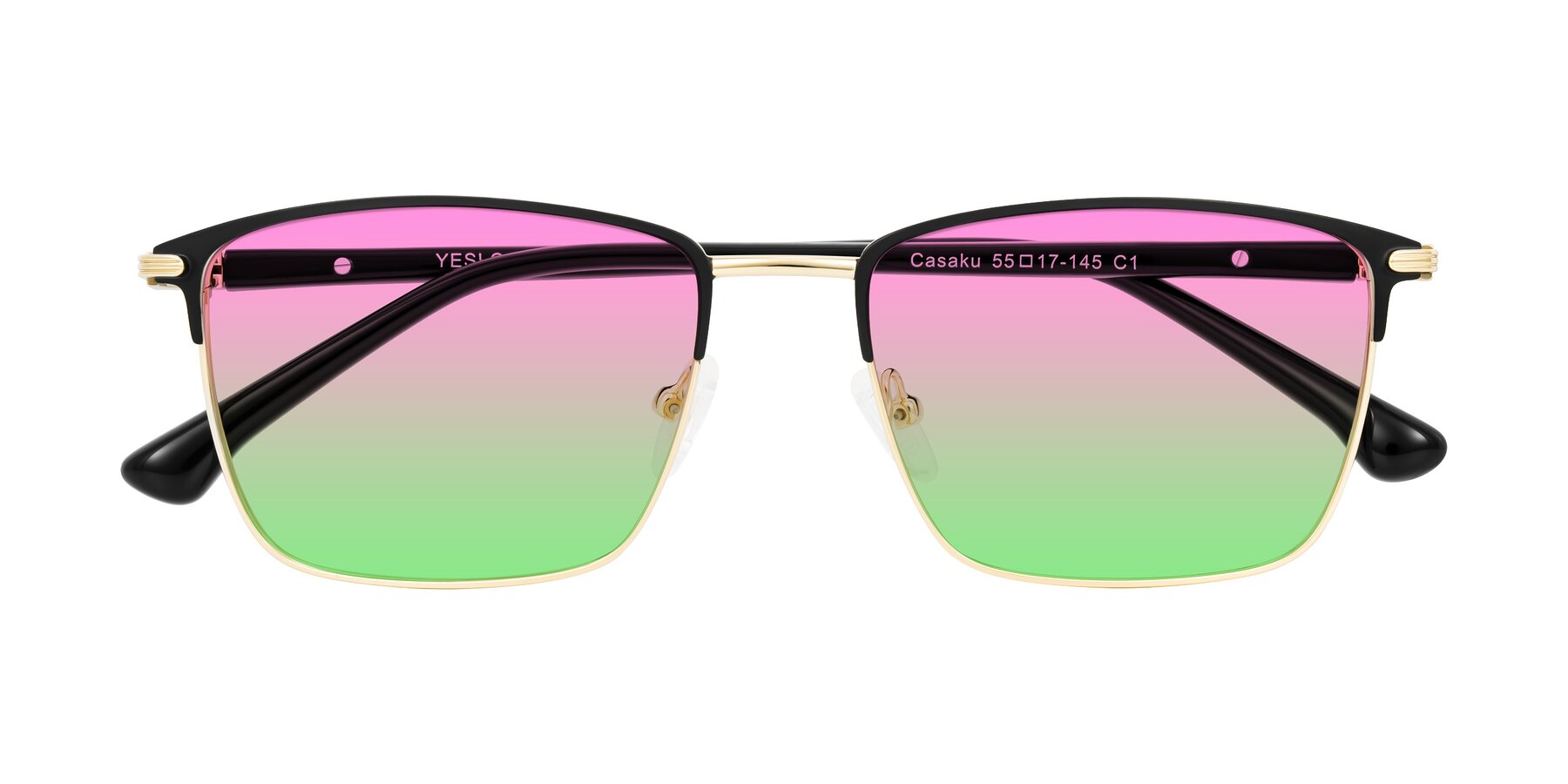 Folded Front of Casaku in Black/Gold with Pink / Green Gradient Lenses