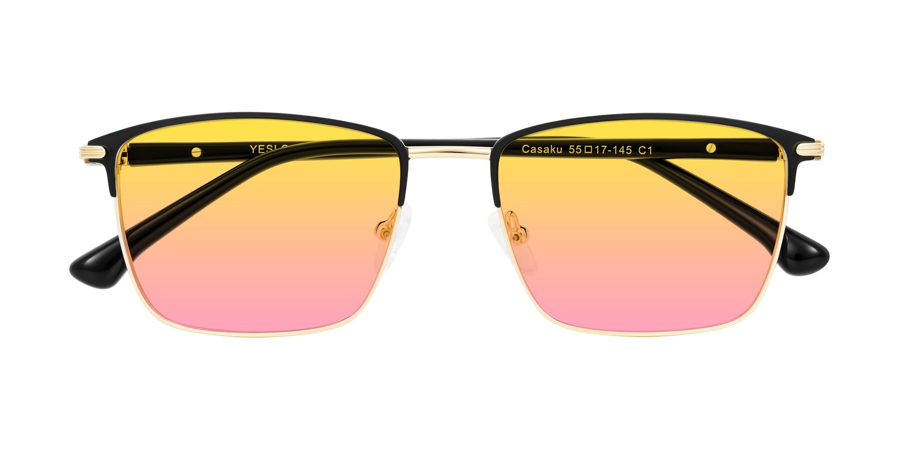 Folded Front of Casaku in Black/Gold with Yellow / Pink Gradient Lenses
