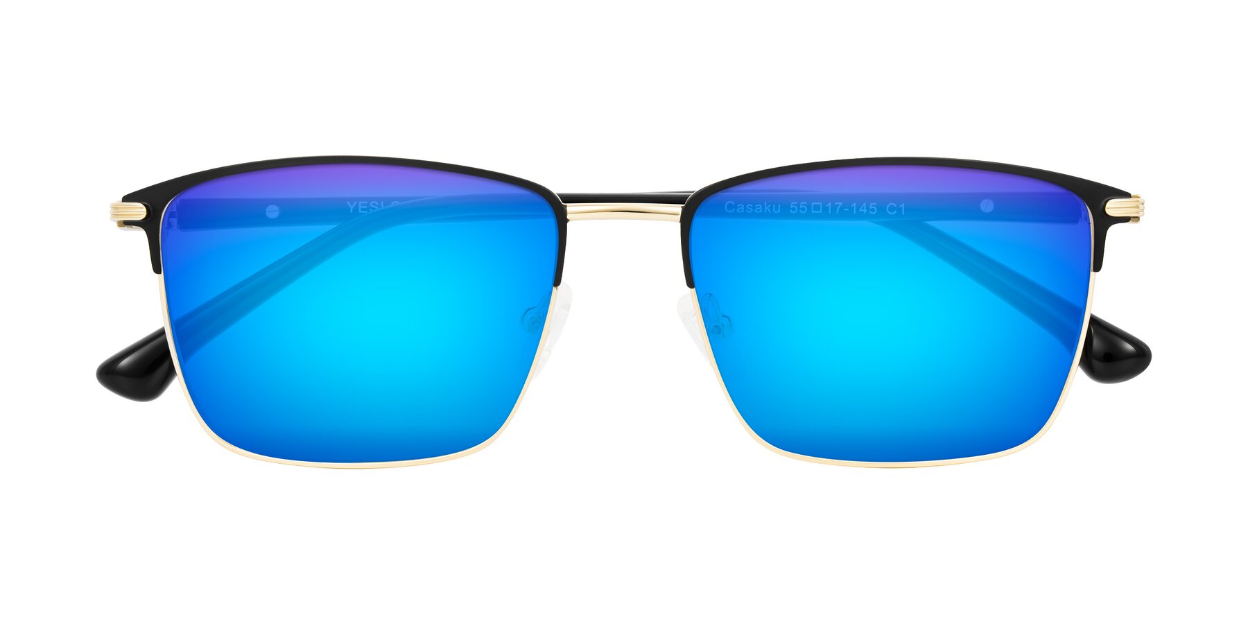 Folded Front of Casaku in Black/Gold with Blue Mirrored Lenses