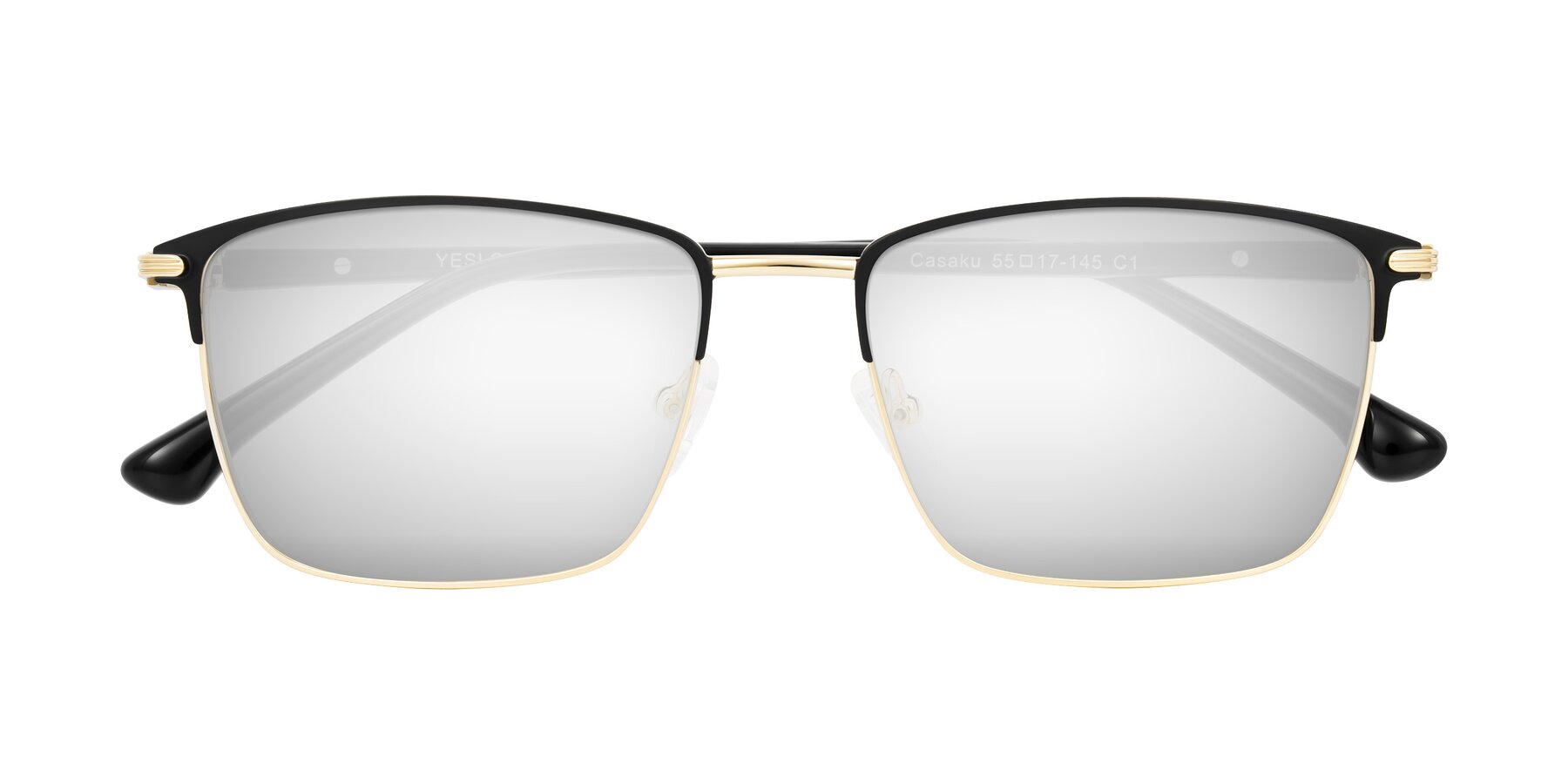 Folded Front of Casaku in Black/Gold with Silver Mirrored Lenses