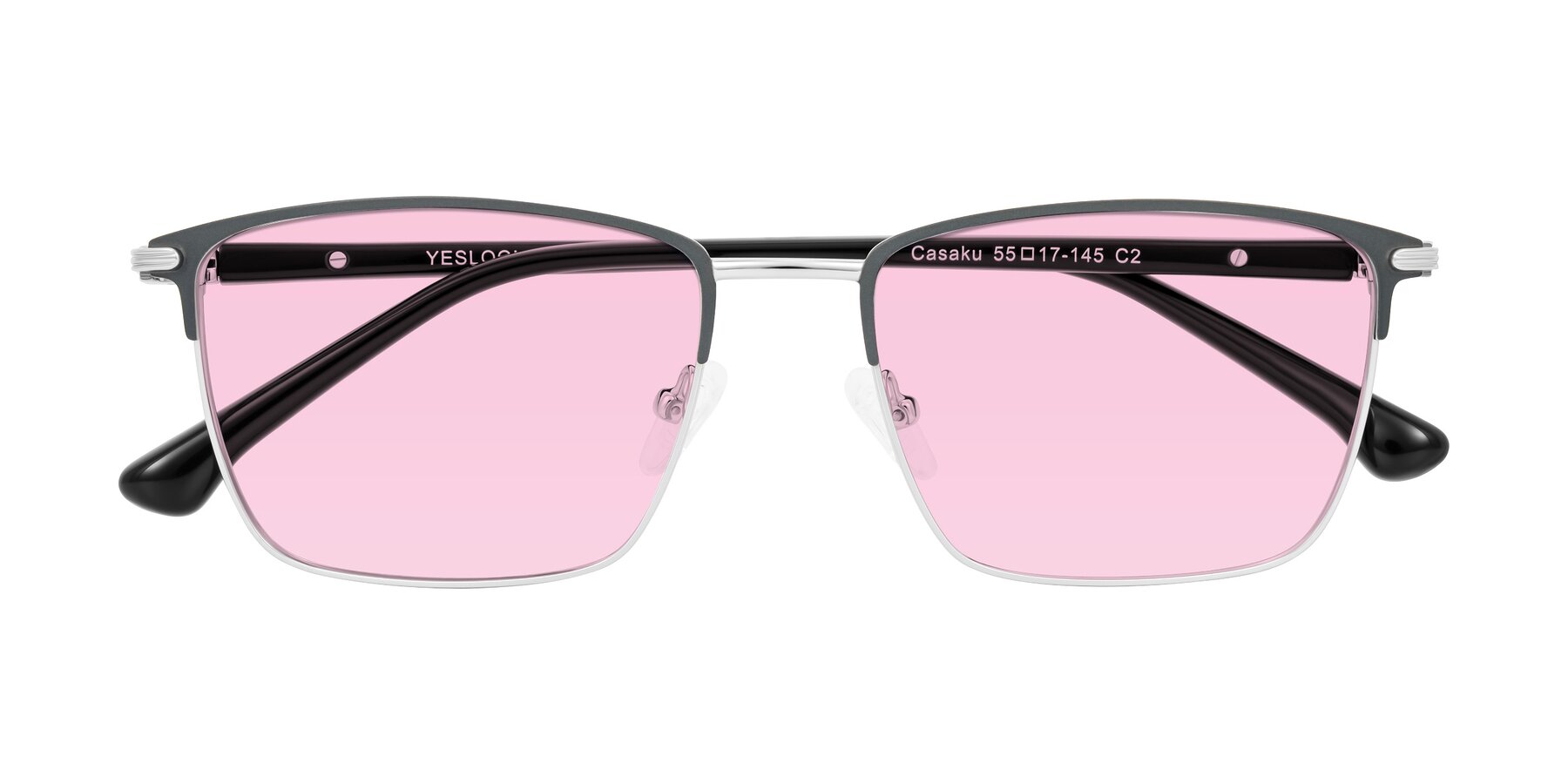 Folded Front of Casaku in Dark Gray/Silver with Light Pink Tinted Lenses