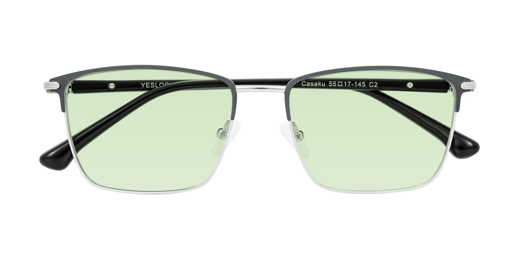 Folded Front of Casaku in Dark Gray/Silver with Light Green Tinted Lenses