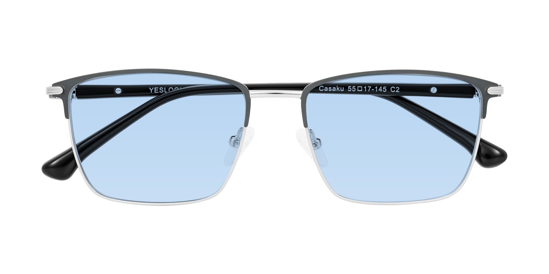 Folded Front of Casaku in Dark Gray/Silver with Light Blue Tinted Lenses